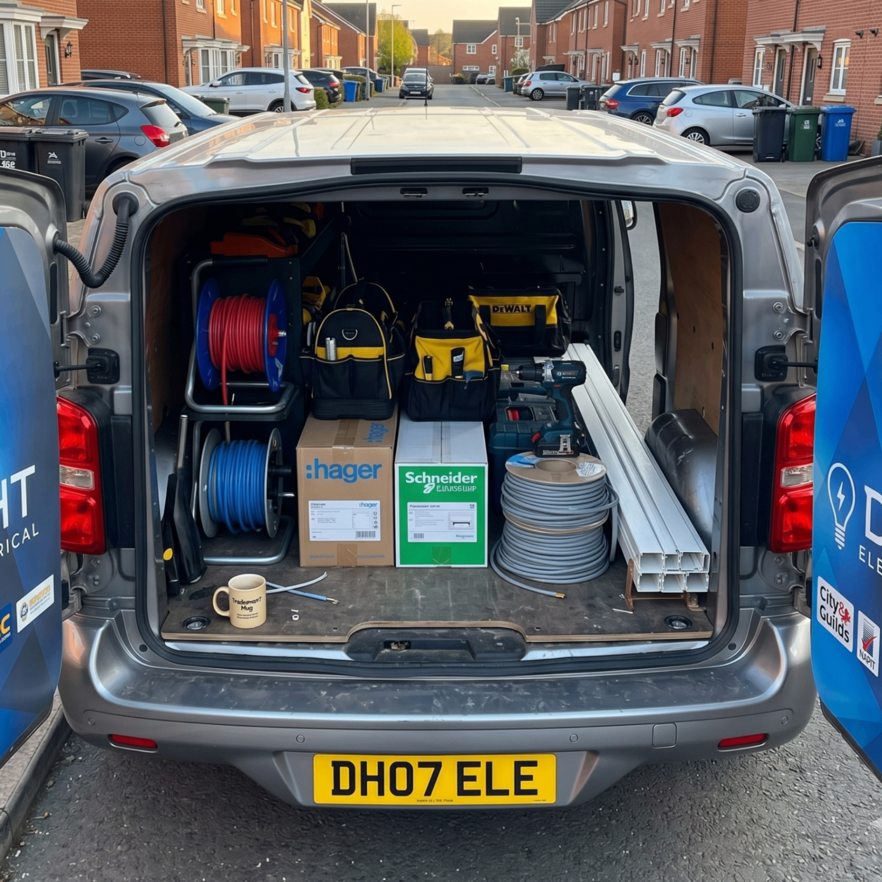 DHT Electrical van loaded with Hager, Schneider and DeWalt install kit